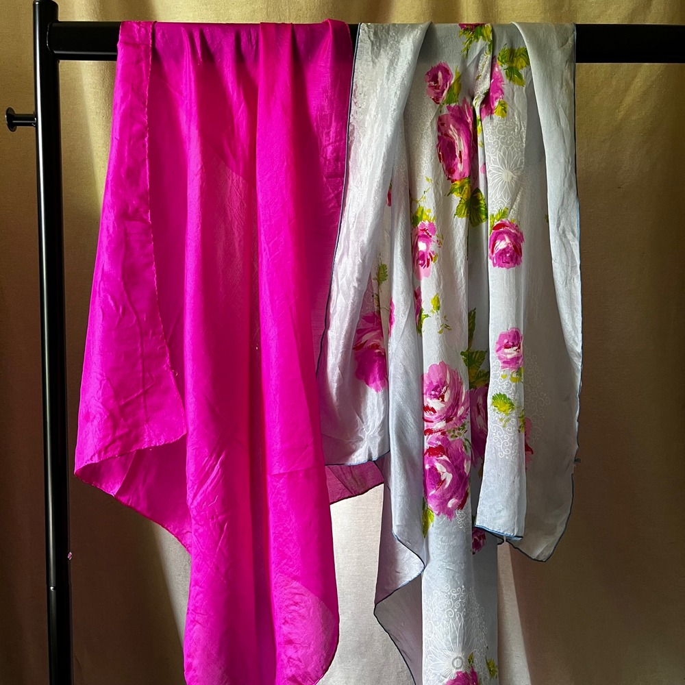 Vintage Pink Floral Scarf Pair Cottagecore Rose Print Fuchsia Scarf